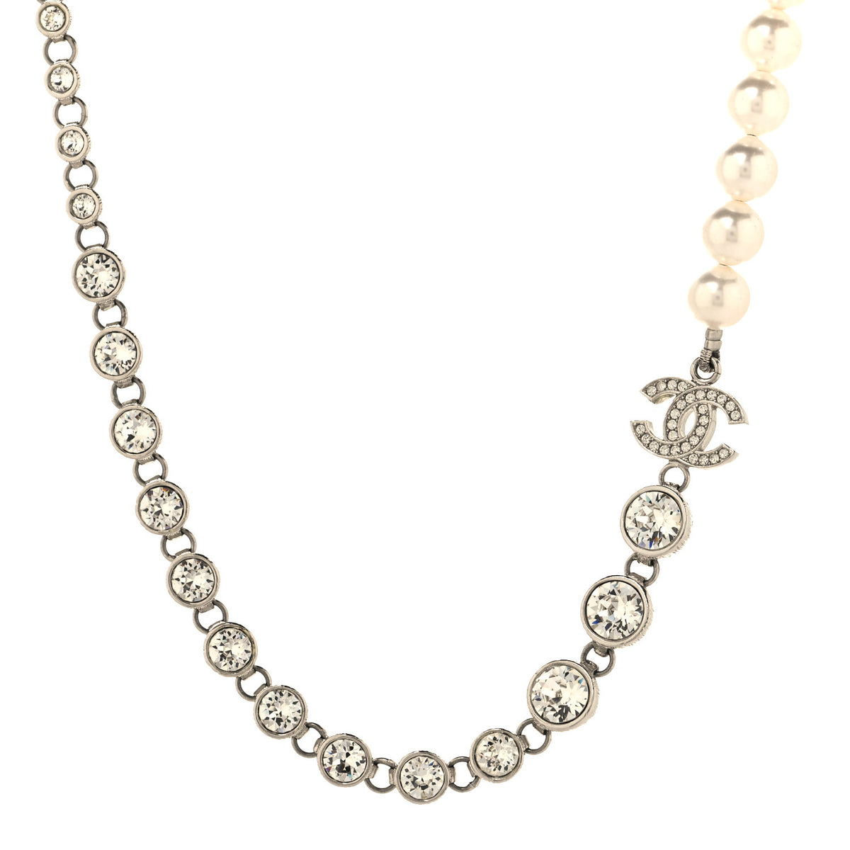 Chanel Pearl Crystal CC Choker Necklace Silver 1 of 5