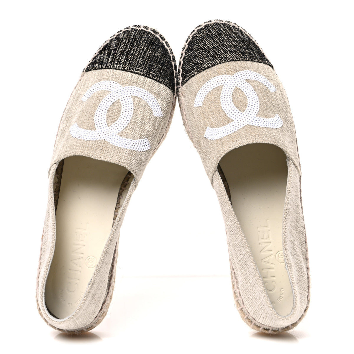 Chanel Toile Sequin CC Espadrilles 37 Beige Black 2 of 12
