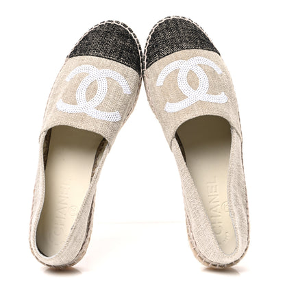 Chanel Toile Sequin CC Espadrilles 37 Beige Black 2 of 12