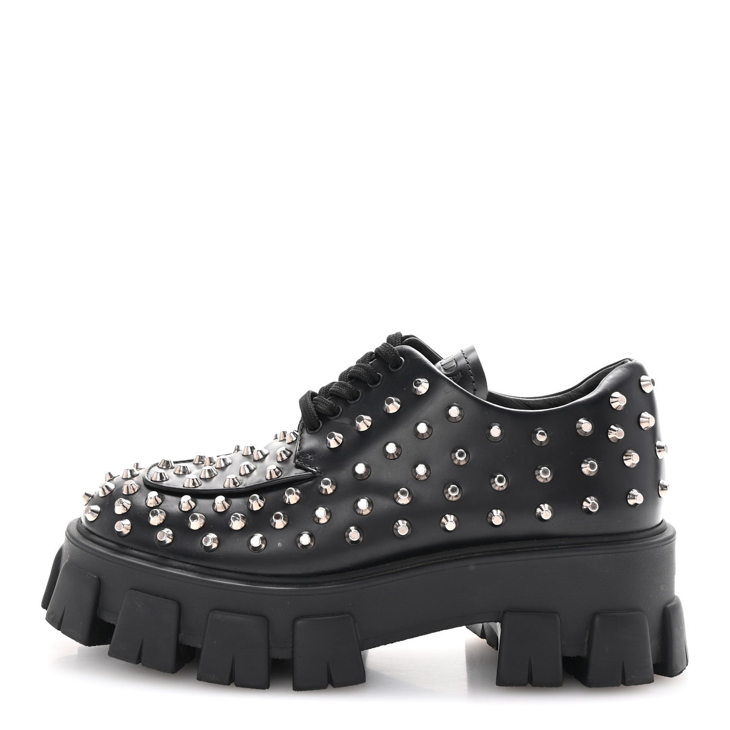 Prada Spazzolato Rois Studded Lace Up Monolith 55mm Derby Loafers 38 Black 1 of 9