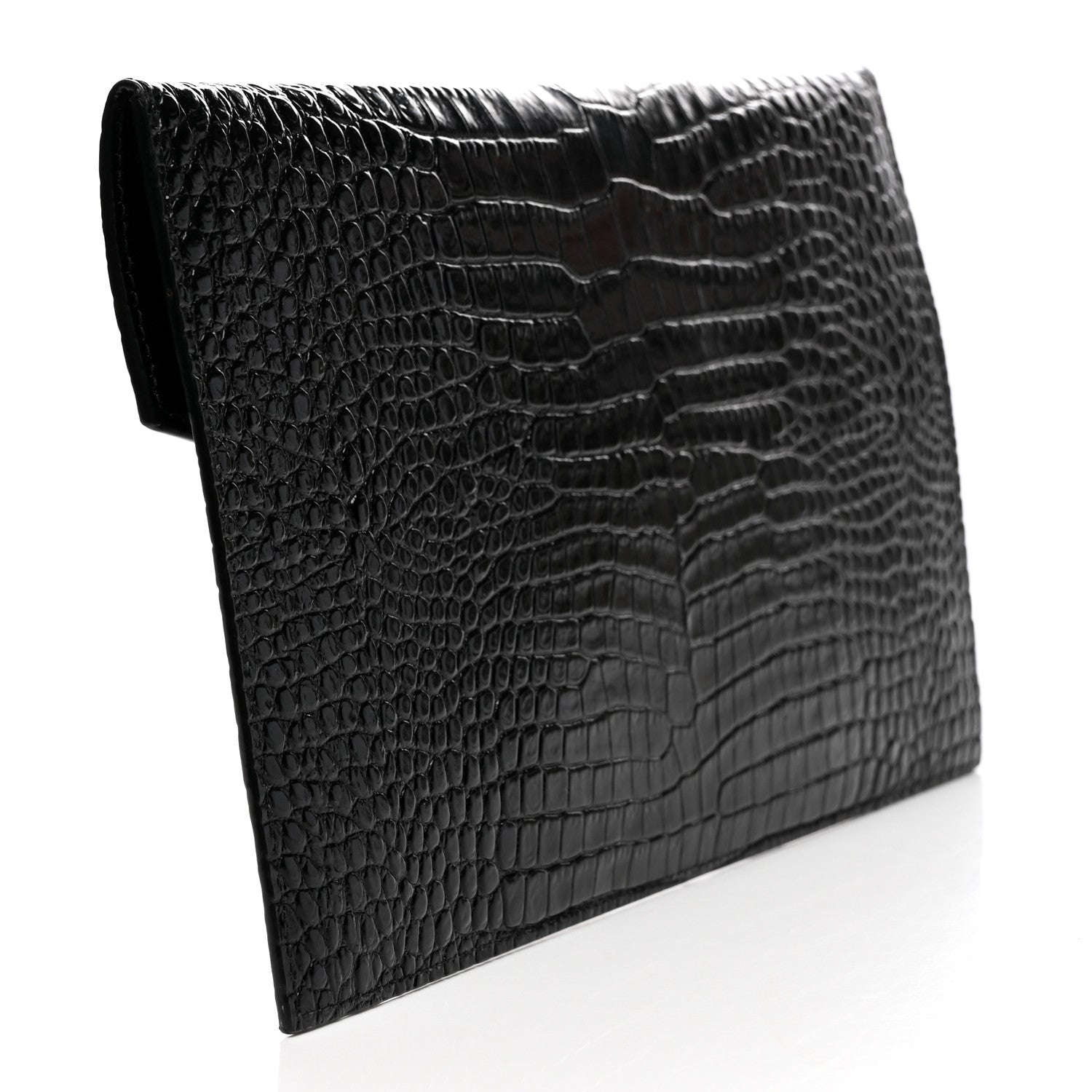 Saint Laurent Calfskin Crocodile Embossed Uptown Monogram Clutch Black 3 of 7