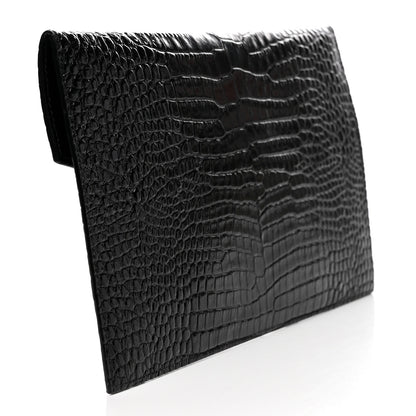 Saint Laurent Calfskin Crocodile Embossed Uptown Monogram Clutch Black 3 of 7