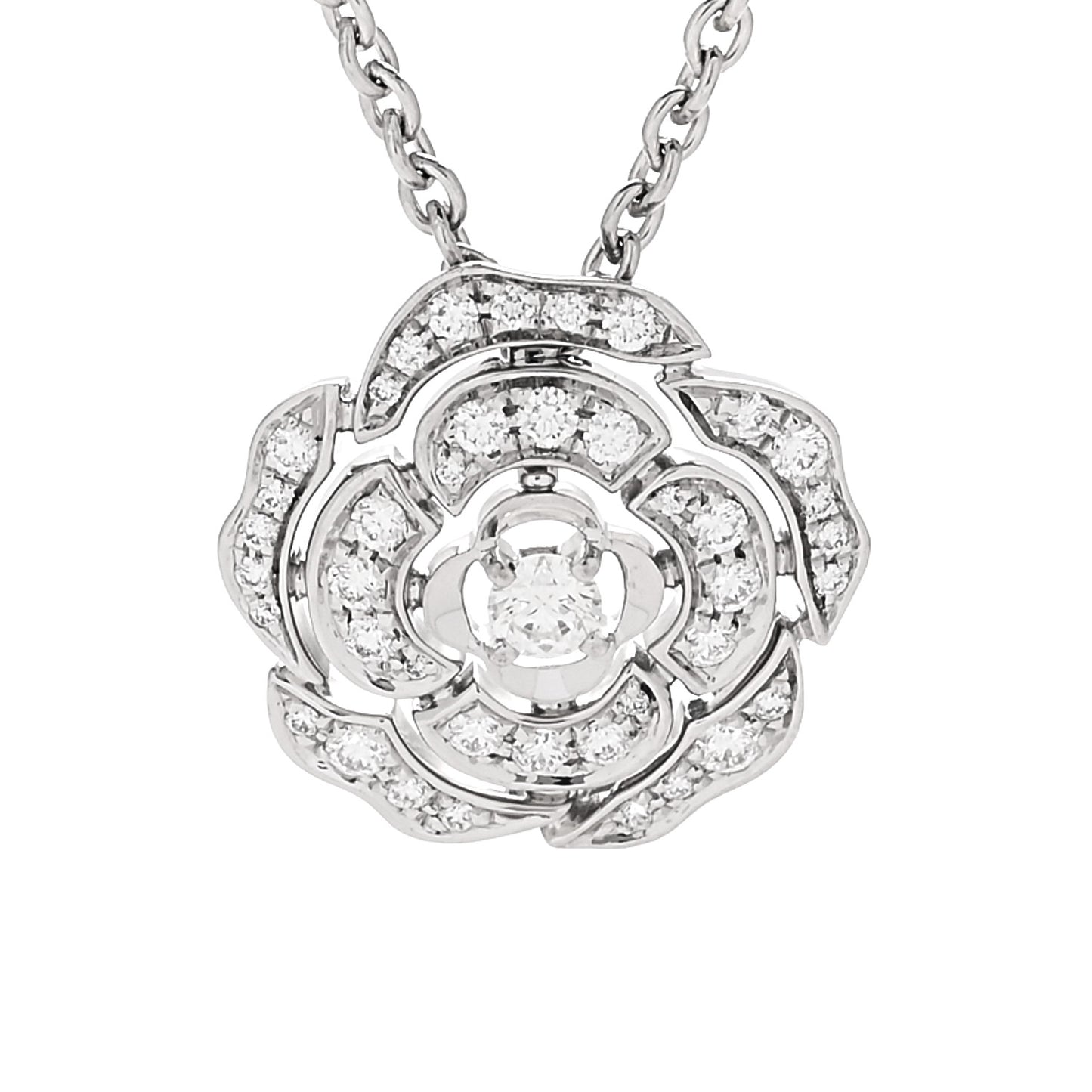 18K White Gold Diamond Bouton de Camelia Pendant Necklace