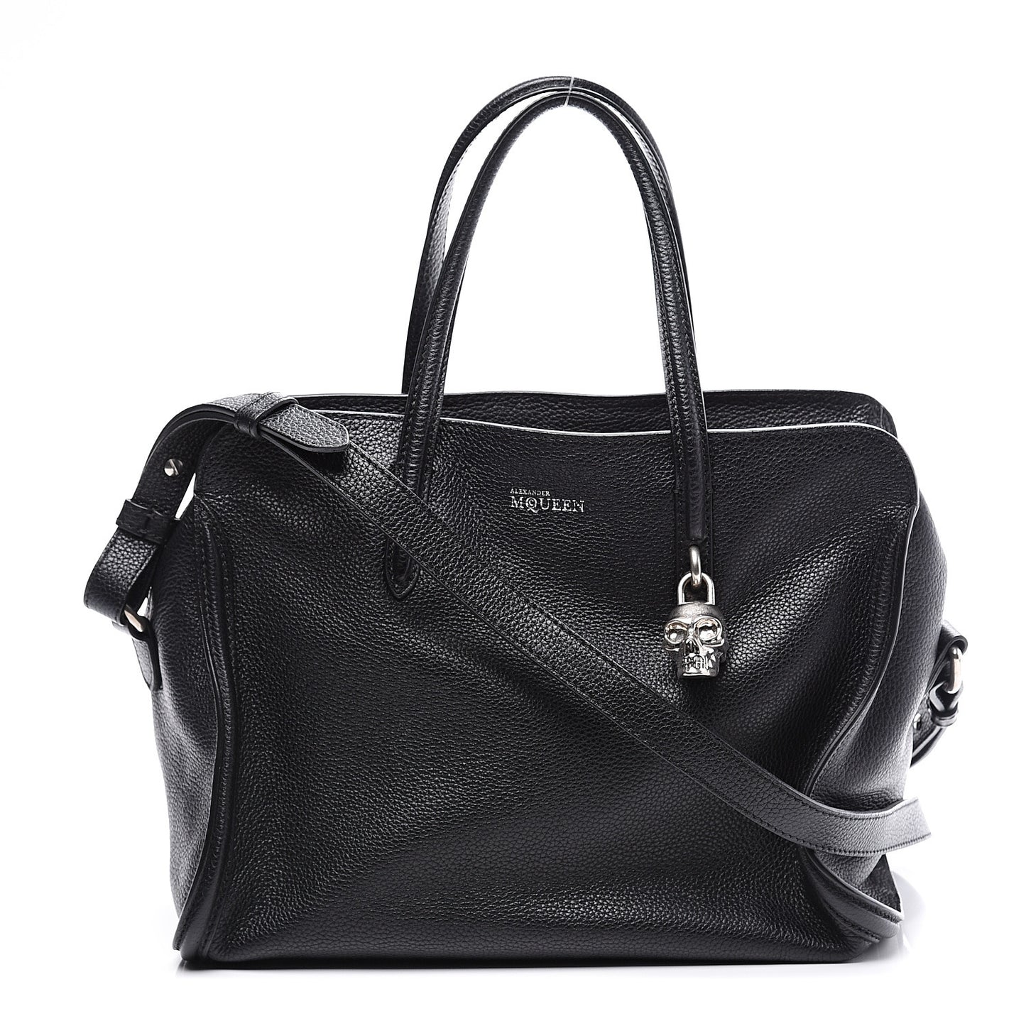 Pebbled Calfskin Small Skull Padlock Zip Around Tote Black