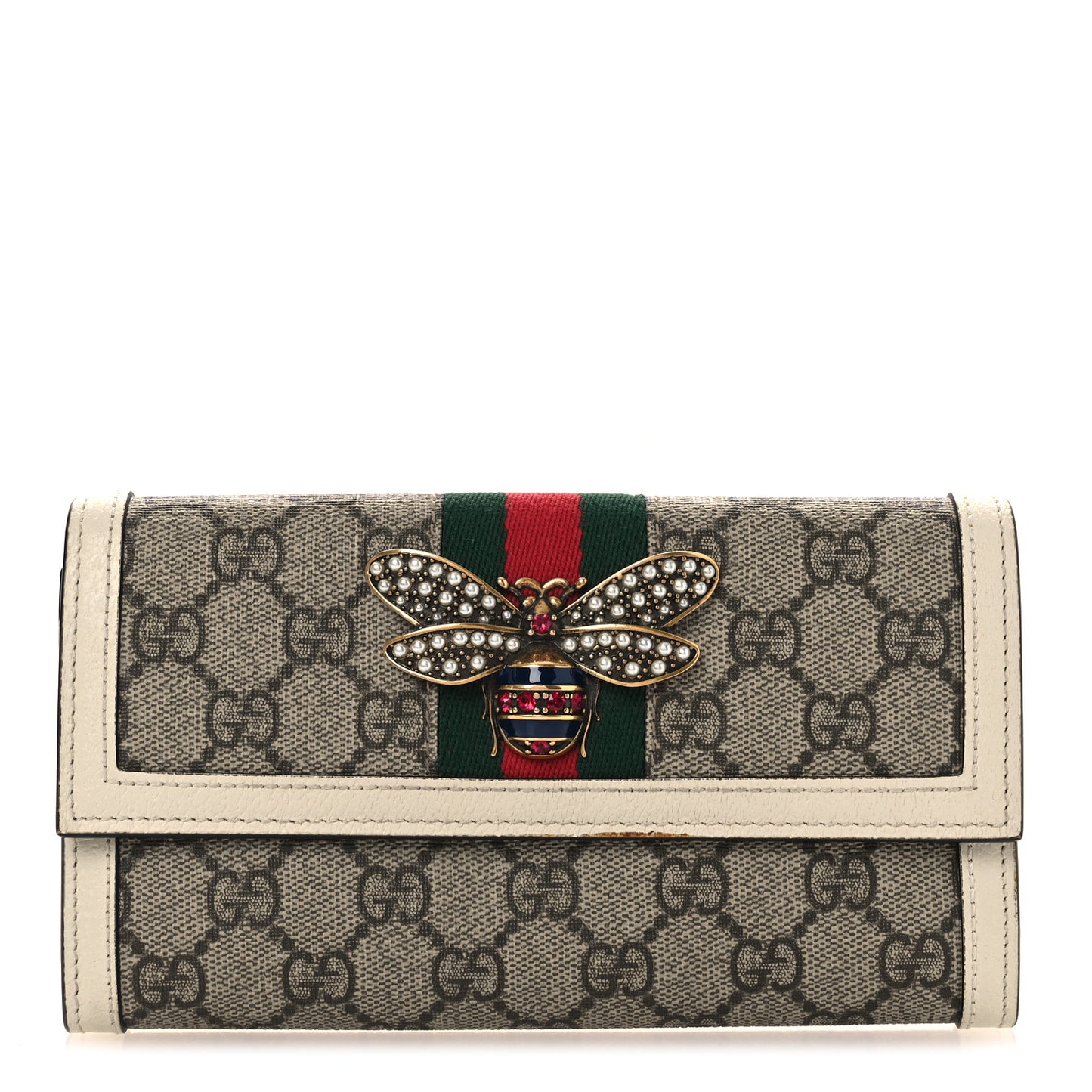 GG Supreme Monogram Web Queen Margaret Flap Wallet Beige Ebony Mystic White