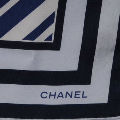 Chanel Silk Camellia Stripe CC Scarf Blue 3 of 5