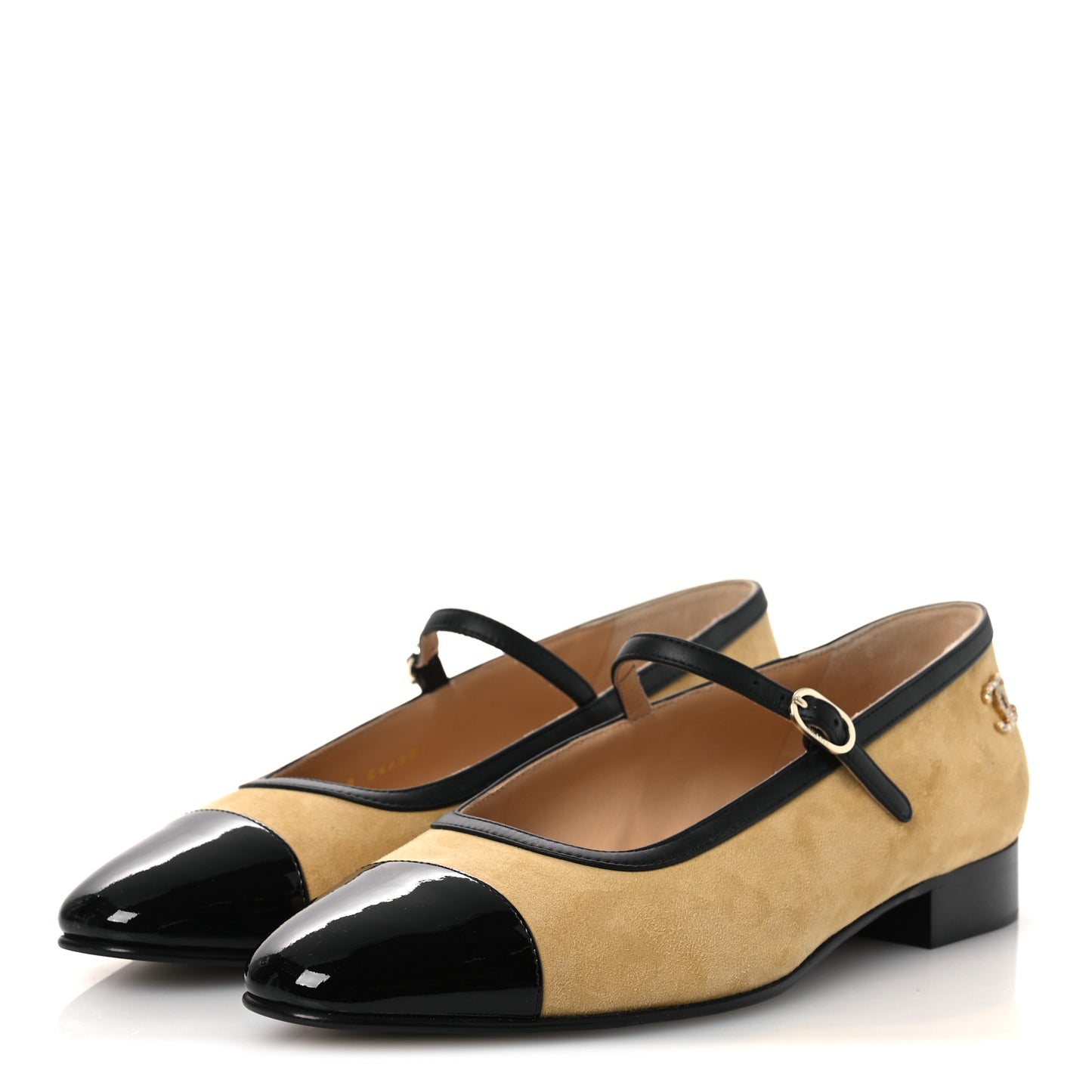 Suede Kidskin Lambskin Patent Calfskin Cap Toe CC Mary Jane Flats 39 Beige Black