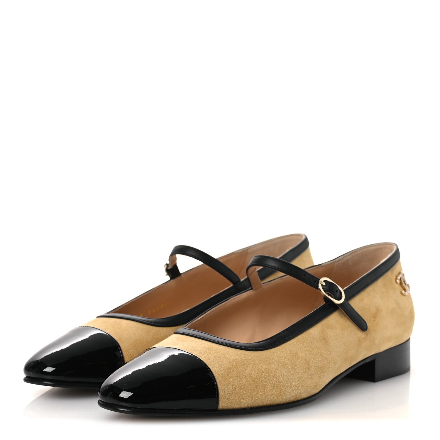 Chanel Suede Kidskin Lambskin Patent Calfskin Cap Toe CC Mary Jane Flats 39 Beige Black 4 of 11