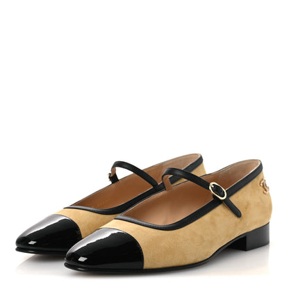 Chanel Suede Kidskin Lambskin Patent Calfskin Cap Toe CC Mary Jane Flats 39 Beige Black 4 of 11