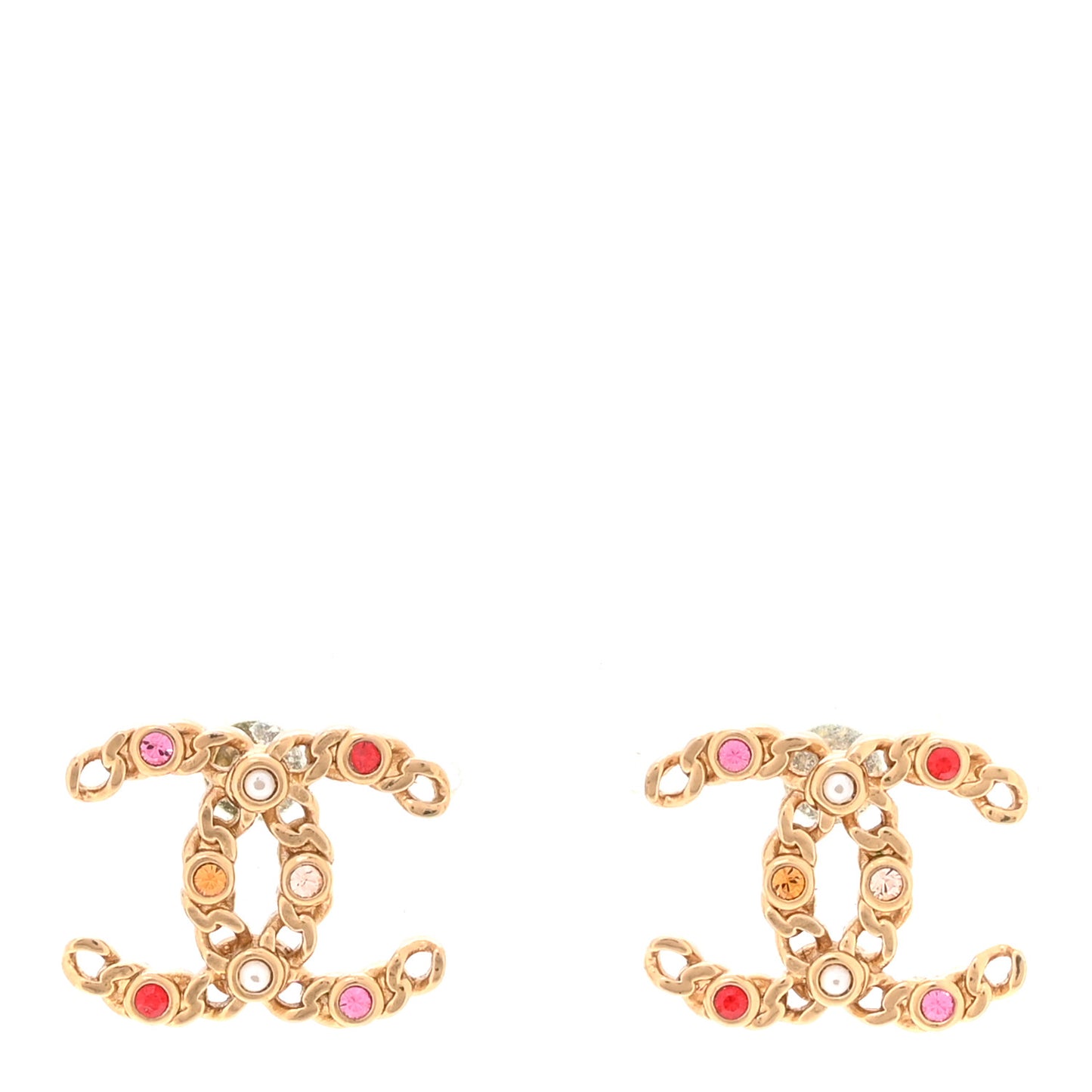 Pearl Crystal Chain Link CC Earrings Gold Red Pink Yellow