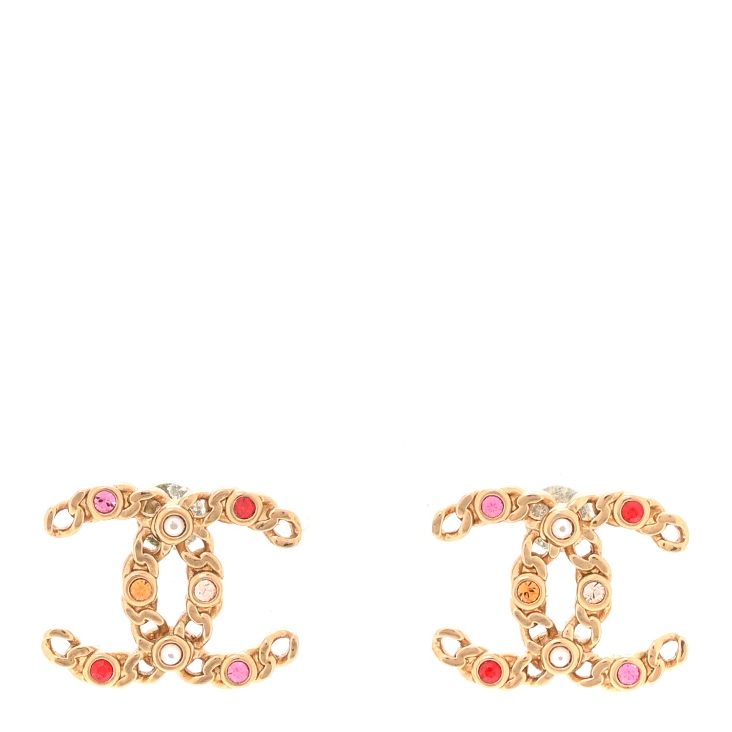 Chanel Pearl Crystal Chain Link CC Earrings Gold Red Pink Yellow 1 of 5