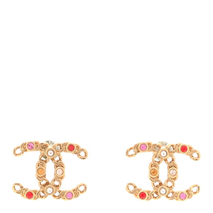 Chanel Pearl Crystal Chain Link CC Earrings Gold Red Pink Yellow 1 of 5