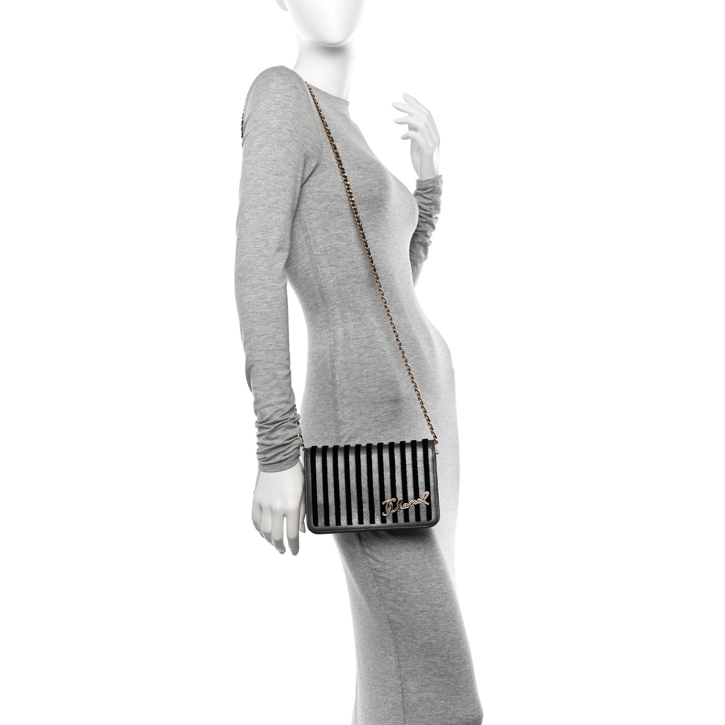 Iridescent Calfskin Velvet Stripe Wallet On Chain WOC Charcoal