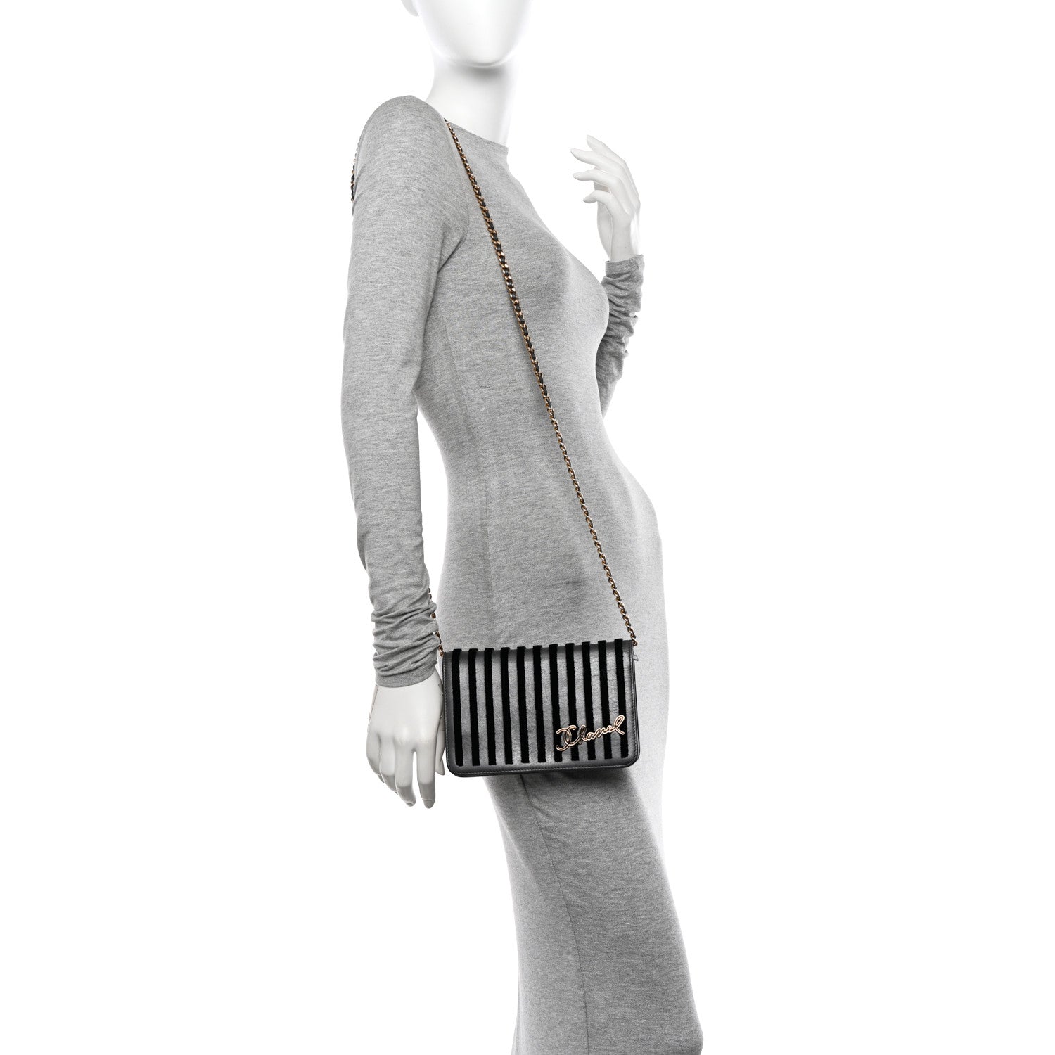 Chanel Iridescent Calfskin Velvet Stripe Wallet On Chain WOC Charcoal 3 of 11