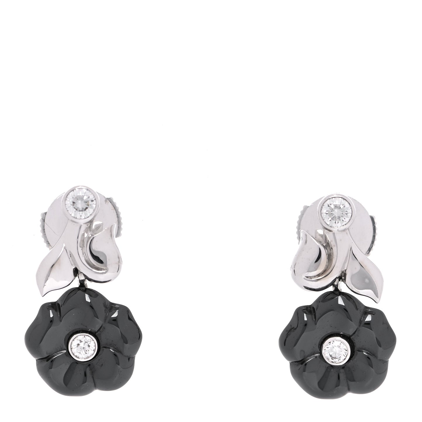 18K White Gold Diamond Black Ceramic Camelia Galbe Earrings