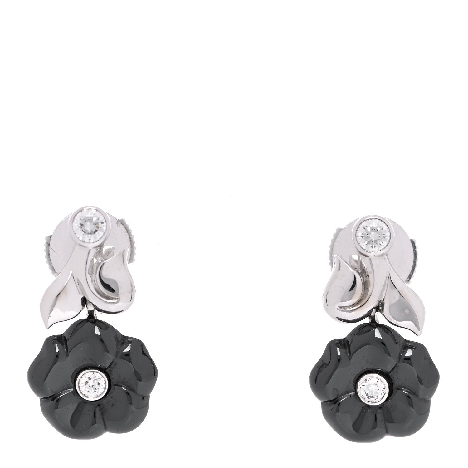 Chanel 18K White Gold Diamond Black Ceramic Camelia Galbe Earrings 1 of 5