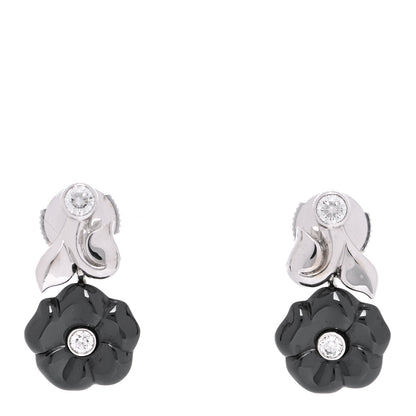 Chanel 18K White Gold Diamond Black Ceramic Camelia Galbe Earrings 1 of 5