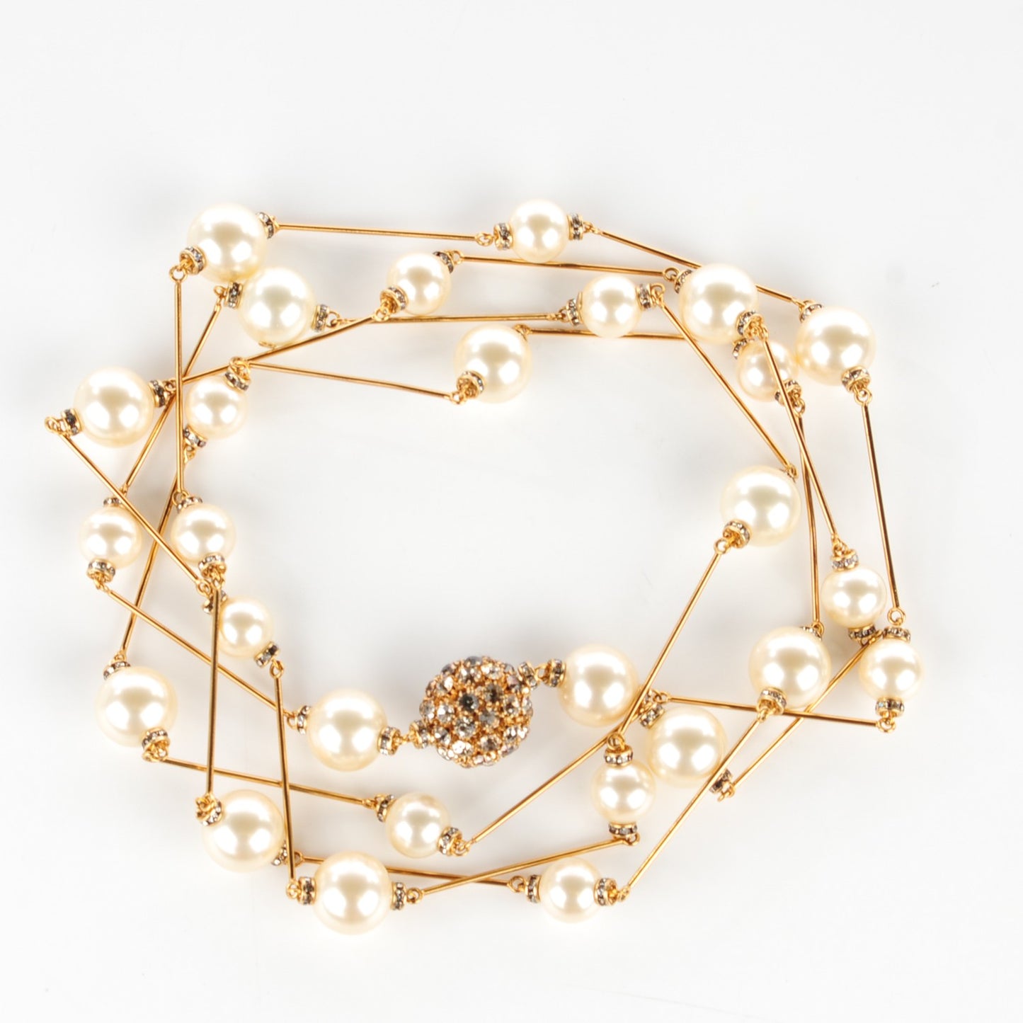 Crystal Pearl CC Long Necklace Gold