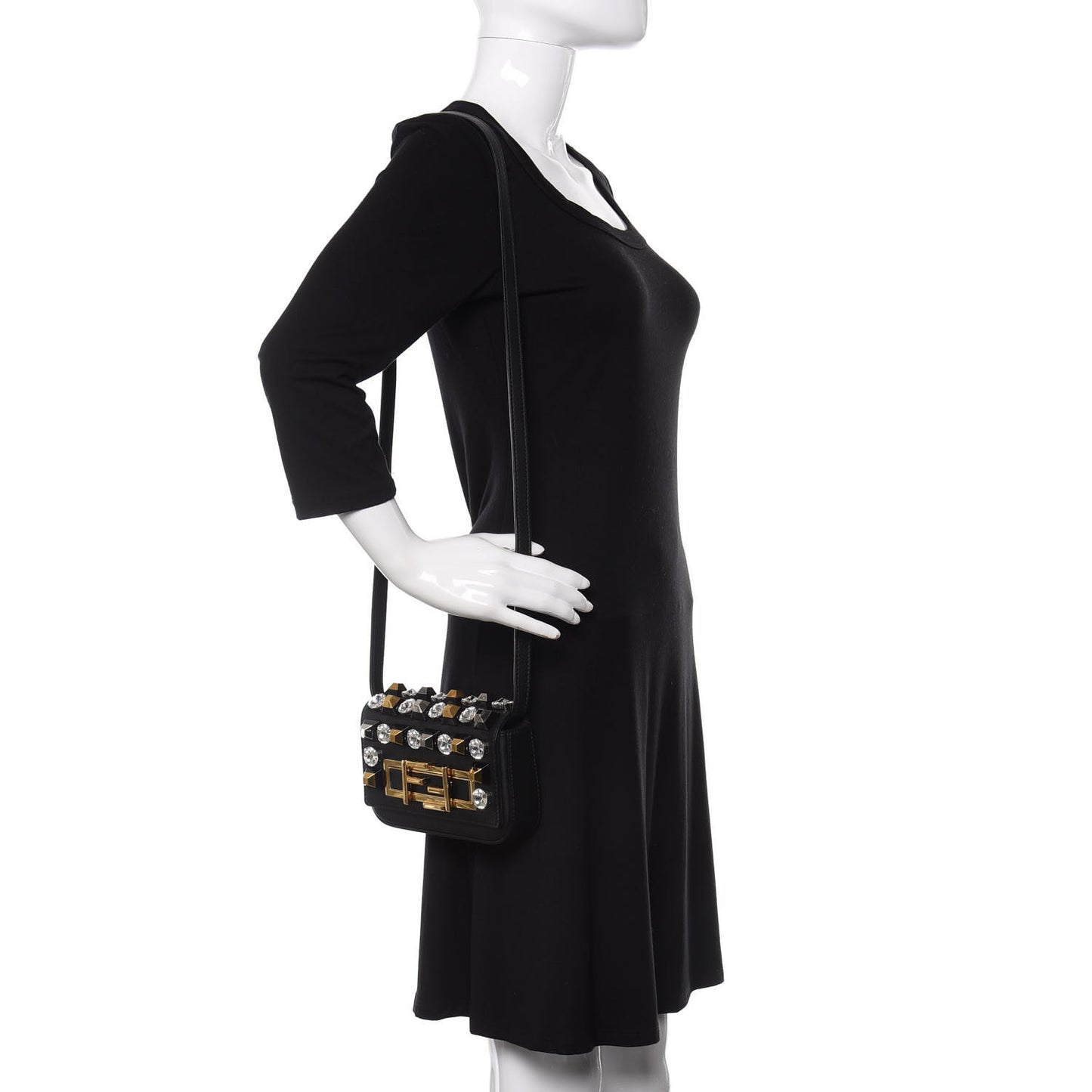 Vitello Dolce Crystal Studded Mini 3Baguette Shoulder Bag Black Gold