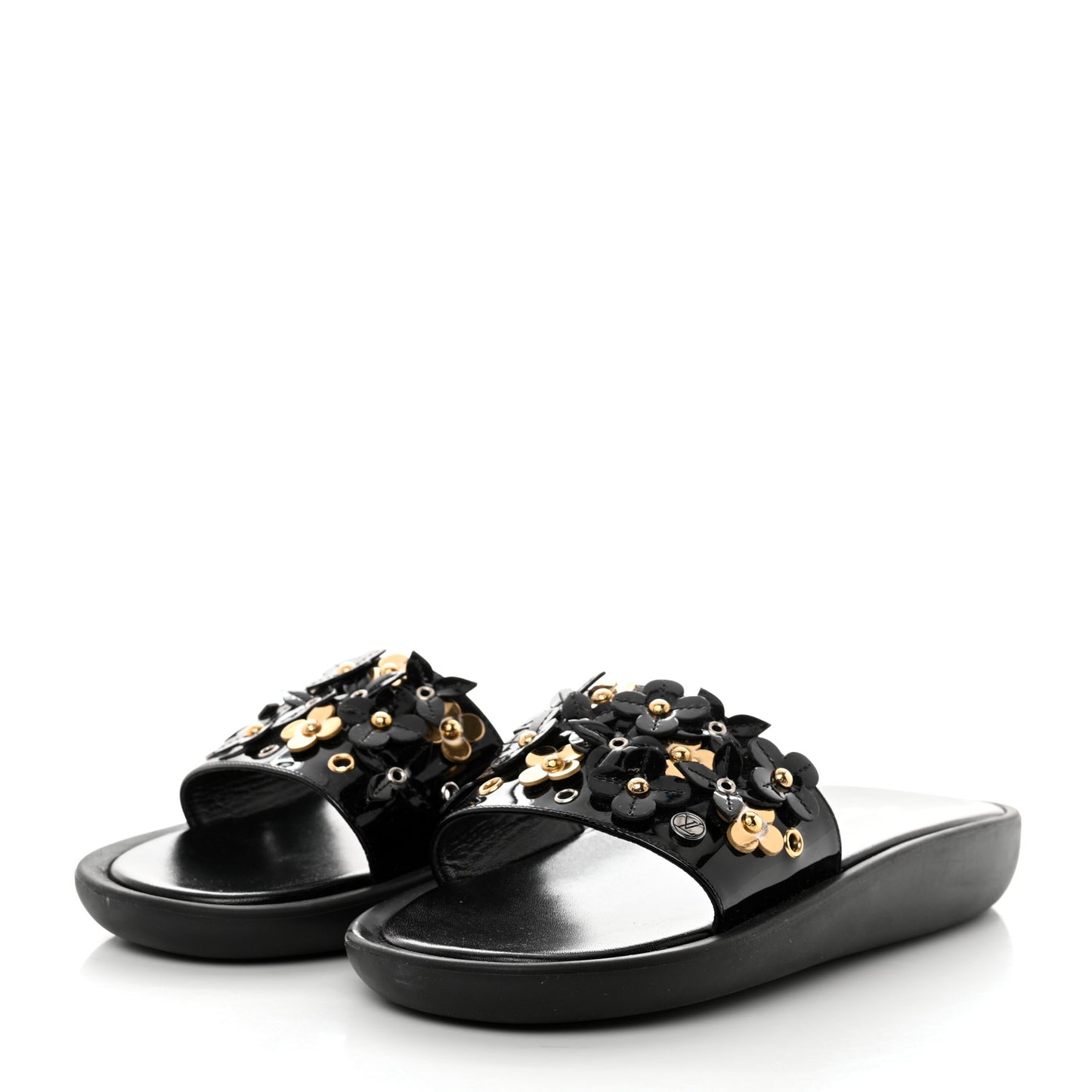 Patent Sunbath Flower Slide Sandals 37 Black Gold