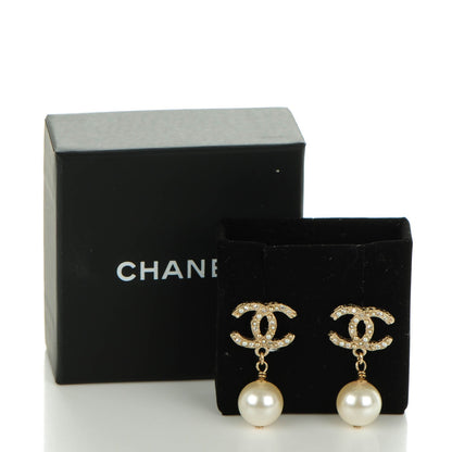 Chanel Crystal Pearl CC Drop Earrings Gold 3 of 5