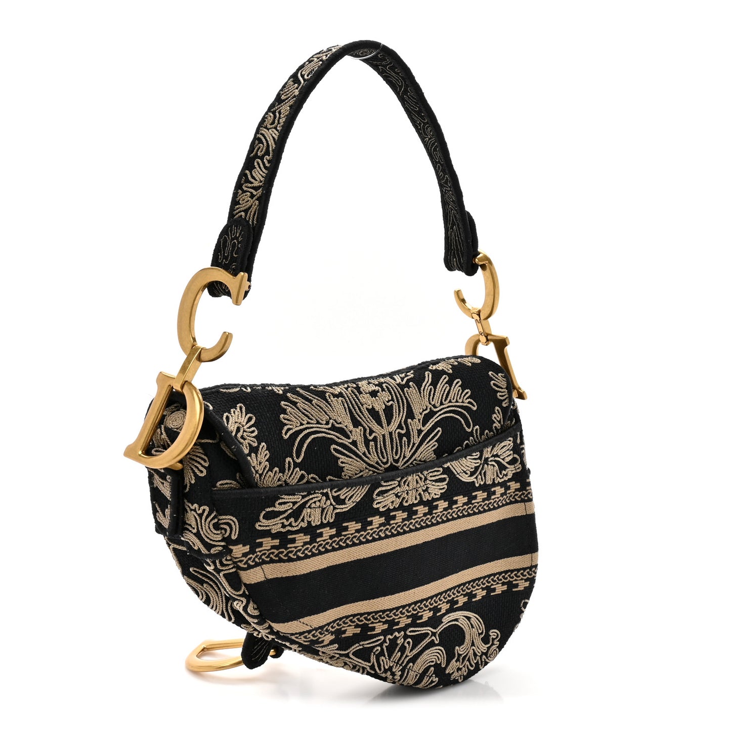 Canvas Embroidered Ornamental Cornely Saddle Bag Black Beige