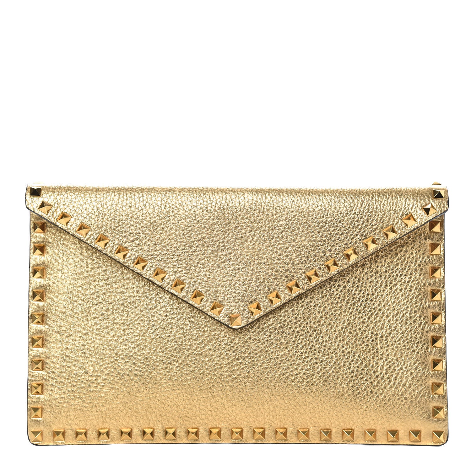 Valentino Garavani Metallic Pebbled Calfskin Large Rockstud Envelope Clutch Gold 1 of 8