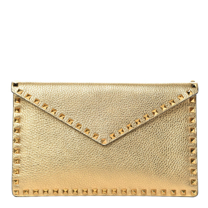 Valentino Garavani Metallic Pebbled Calfskin Large Rockstud Envelope Clutch Gold 1 of 8