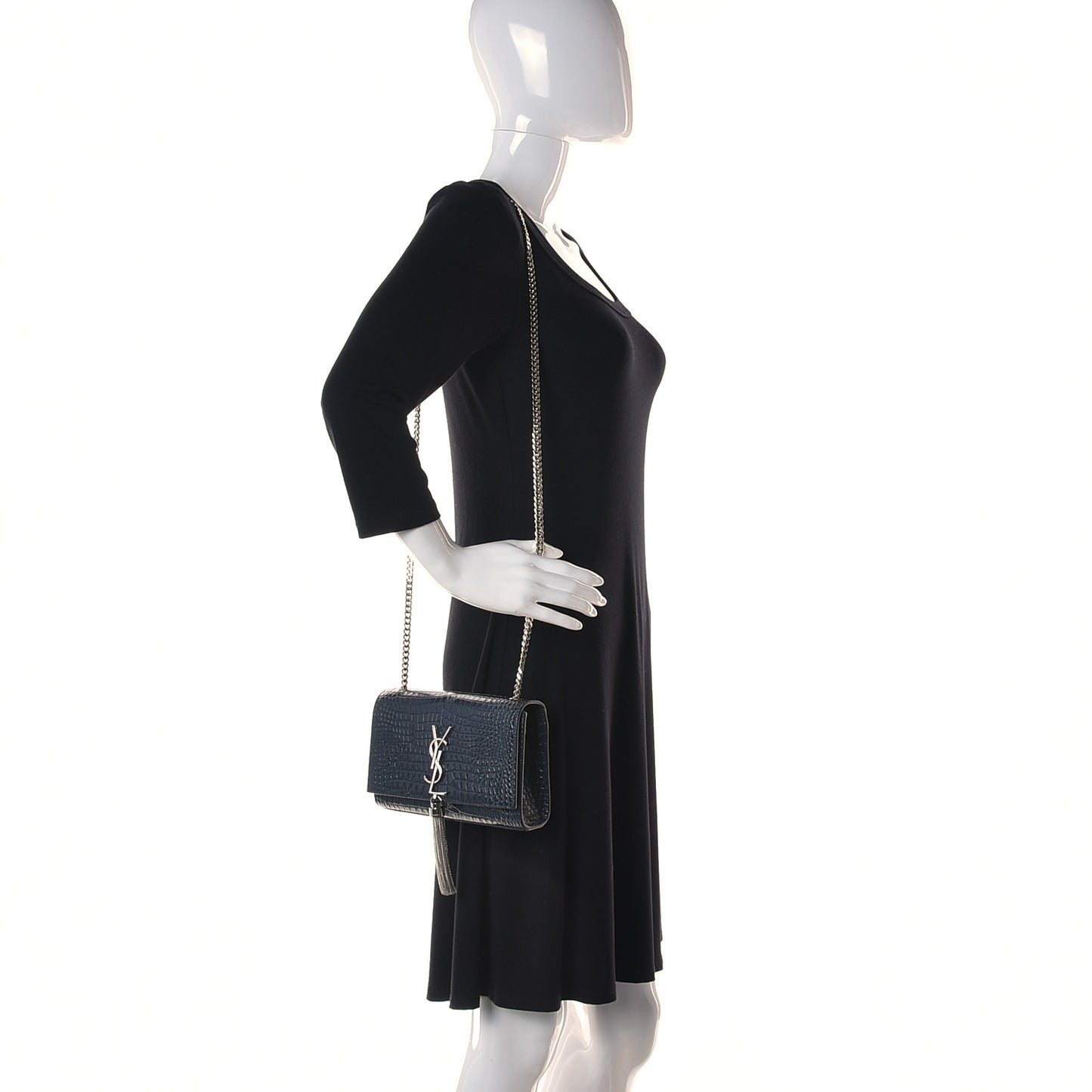 Calfskin Crocodile Embossed Small Classic Monogram Kate Tassel Satchel Navy