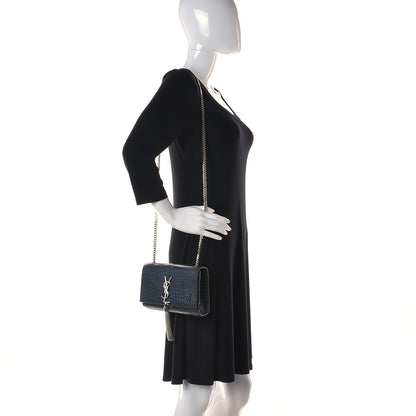 Saint Laurent Calfskin Crocodile Embossed Small Classic Monogram Kate Tassel Satchel Navy 2 of 10