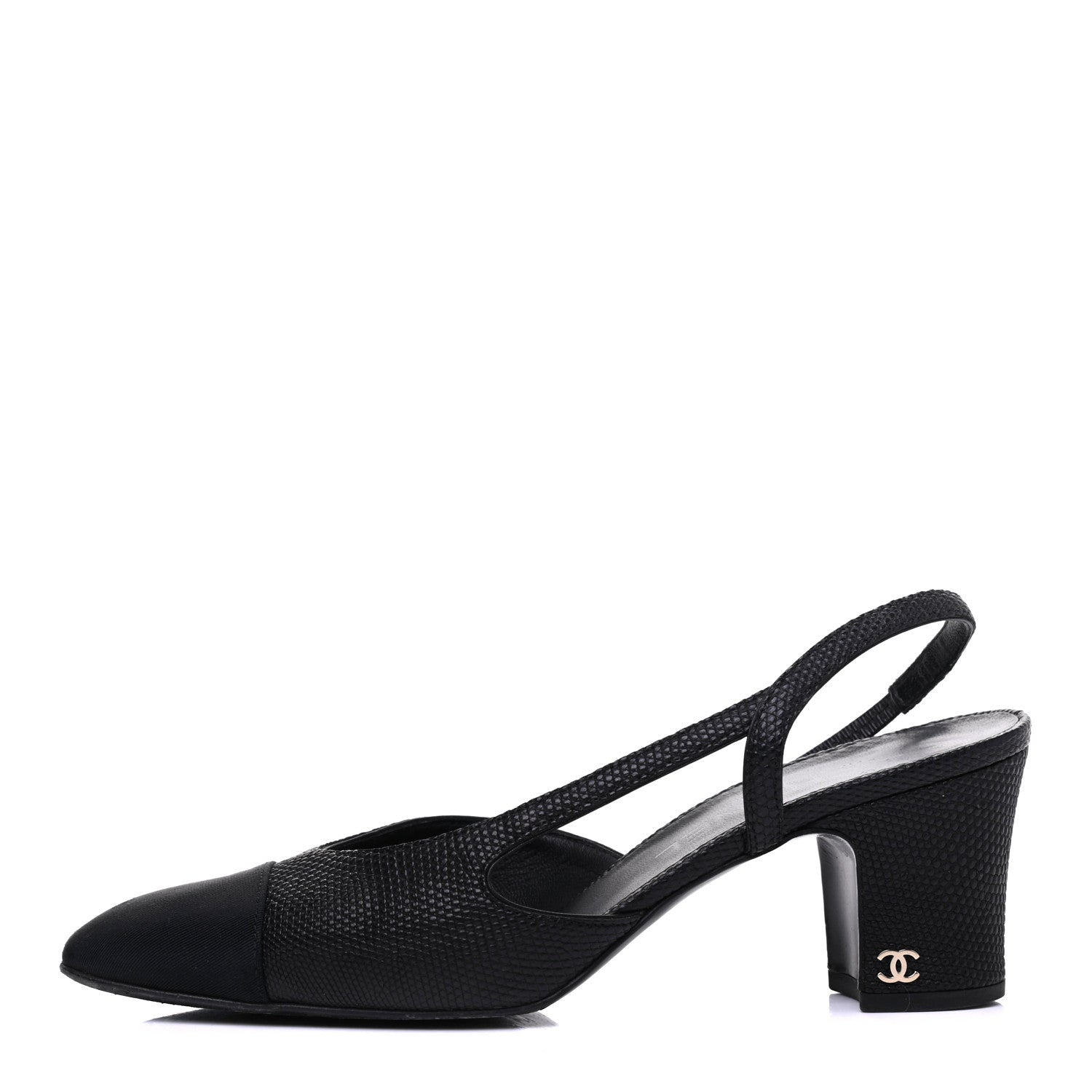 Chanel Lizard Grosgrain Cap Toe CC Slingback Sandals 37.5 Black 1 of 18