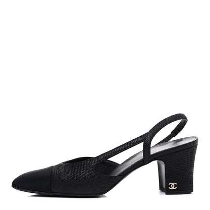 Chanel Lizard Grosgrain Cap Toe CC Slingback Sandals 37.5 Black 1 of 18