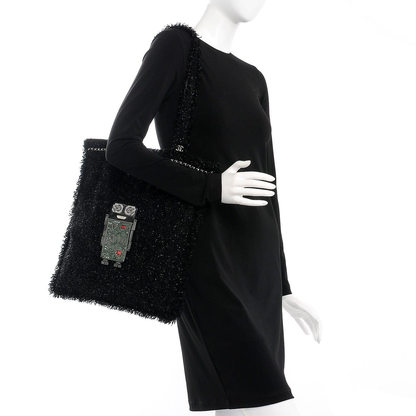 Tweed Resin Strass Large Robot Shopping Bag Black
