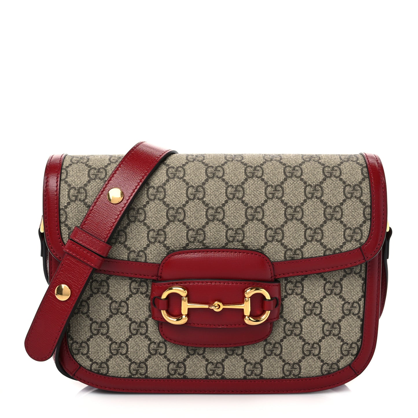 GG Supreme Monogram Azalea Calfskin Horsebit 1955 Shoulder Bag Beige Ebony New Cherry Red