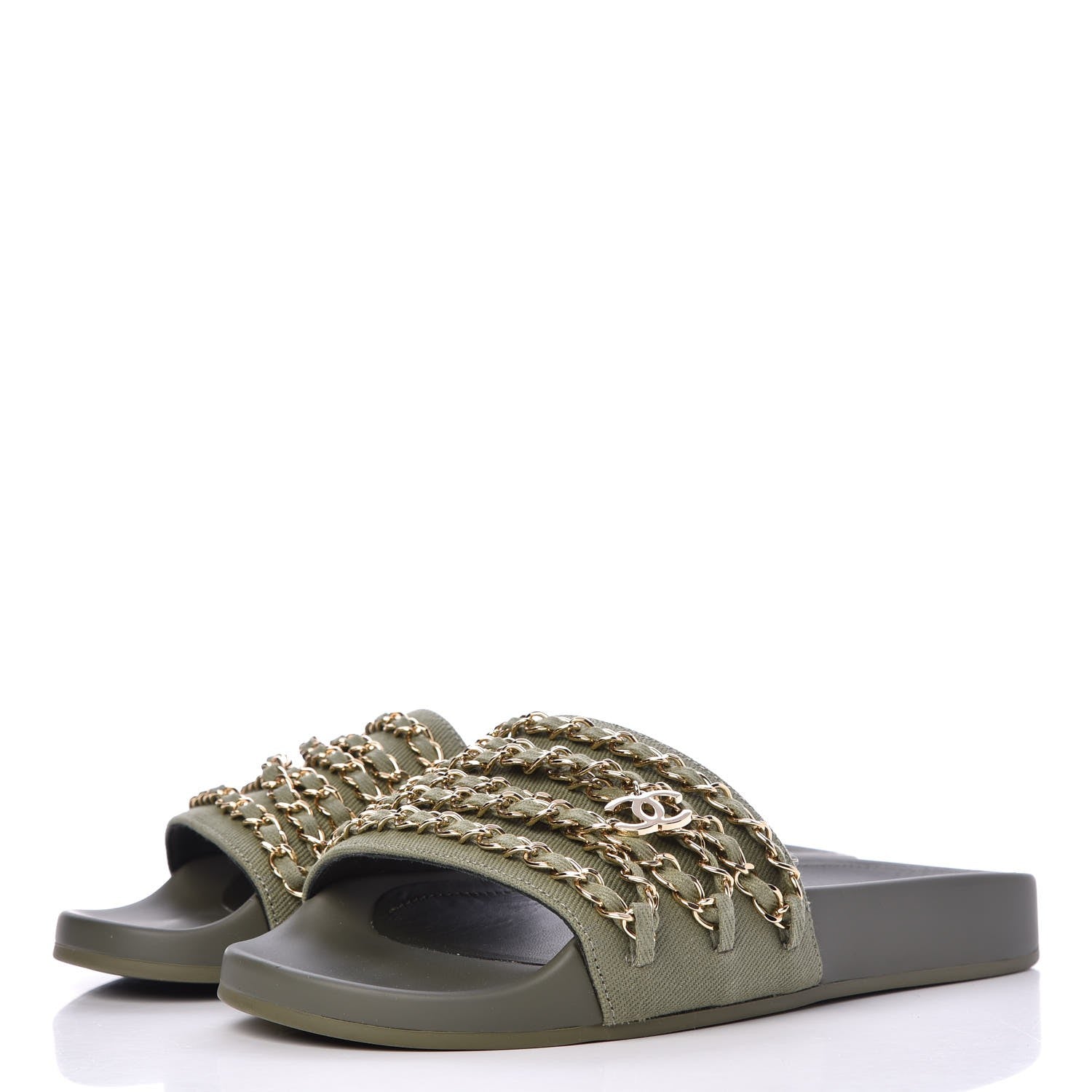 Chanel Canvas Chain Flat Sandals 37 Khaki 3 of 10