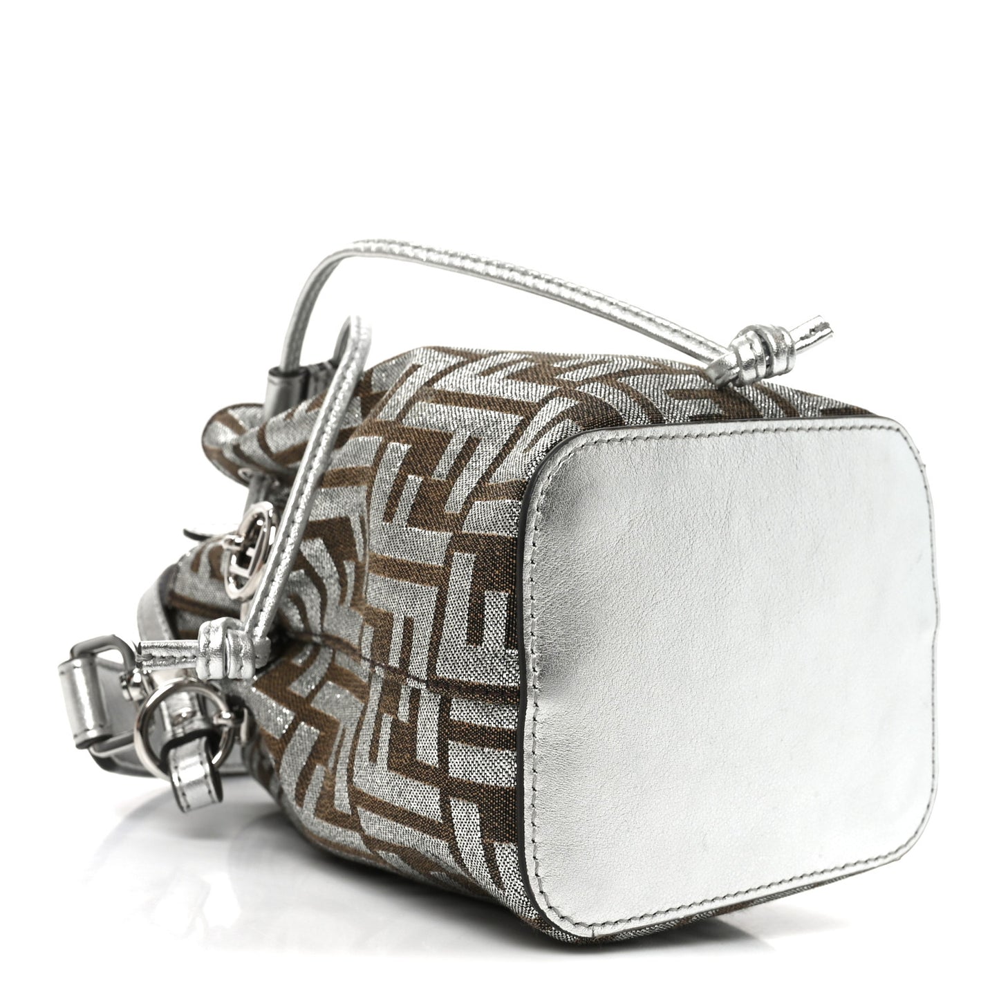Vitello Catalan Mirror Canvas Fabric Jacquard FF 1974 Mini Mon Tresor Bucket Bag Ebano Argento