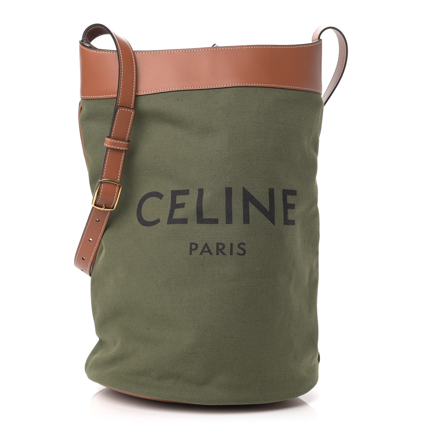 Canvas Smooth Calfskin Medium Bucket Bag Khaki Tan