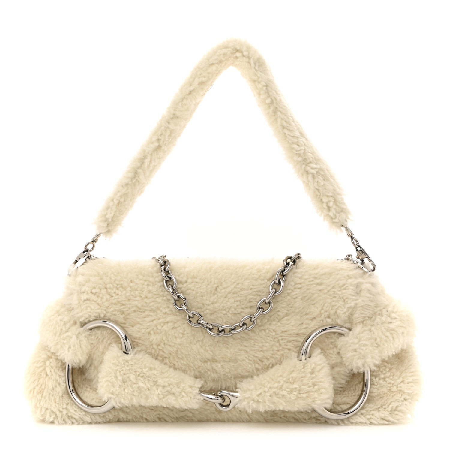 Gucci Merino Wool Medium Maxi Horsebit Chain Shoulder Bag Off White 1 of 12