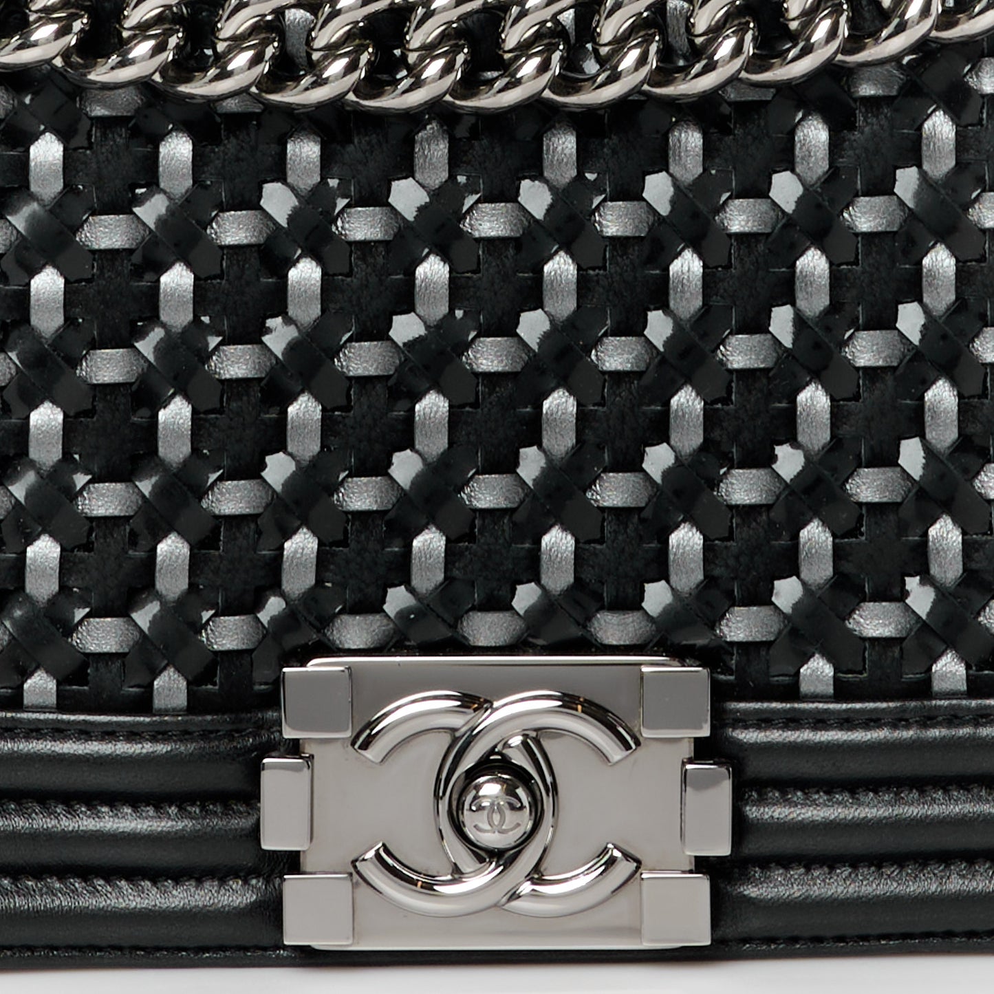 Calfskin Patent Braided Medium Boy Flap Black