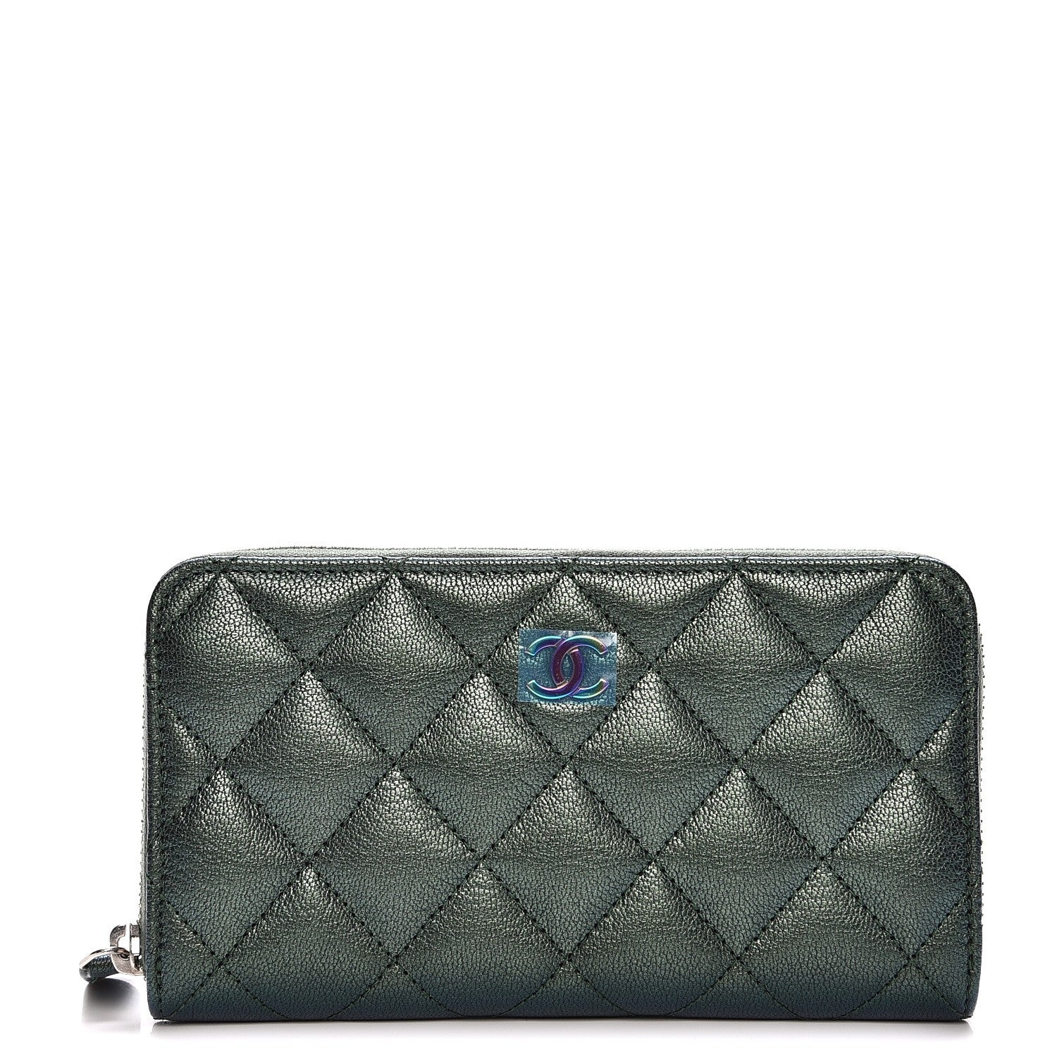 Chanel Iridescent Goatskin Quilted Small Zip Around Wallet Green 1 of 9