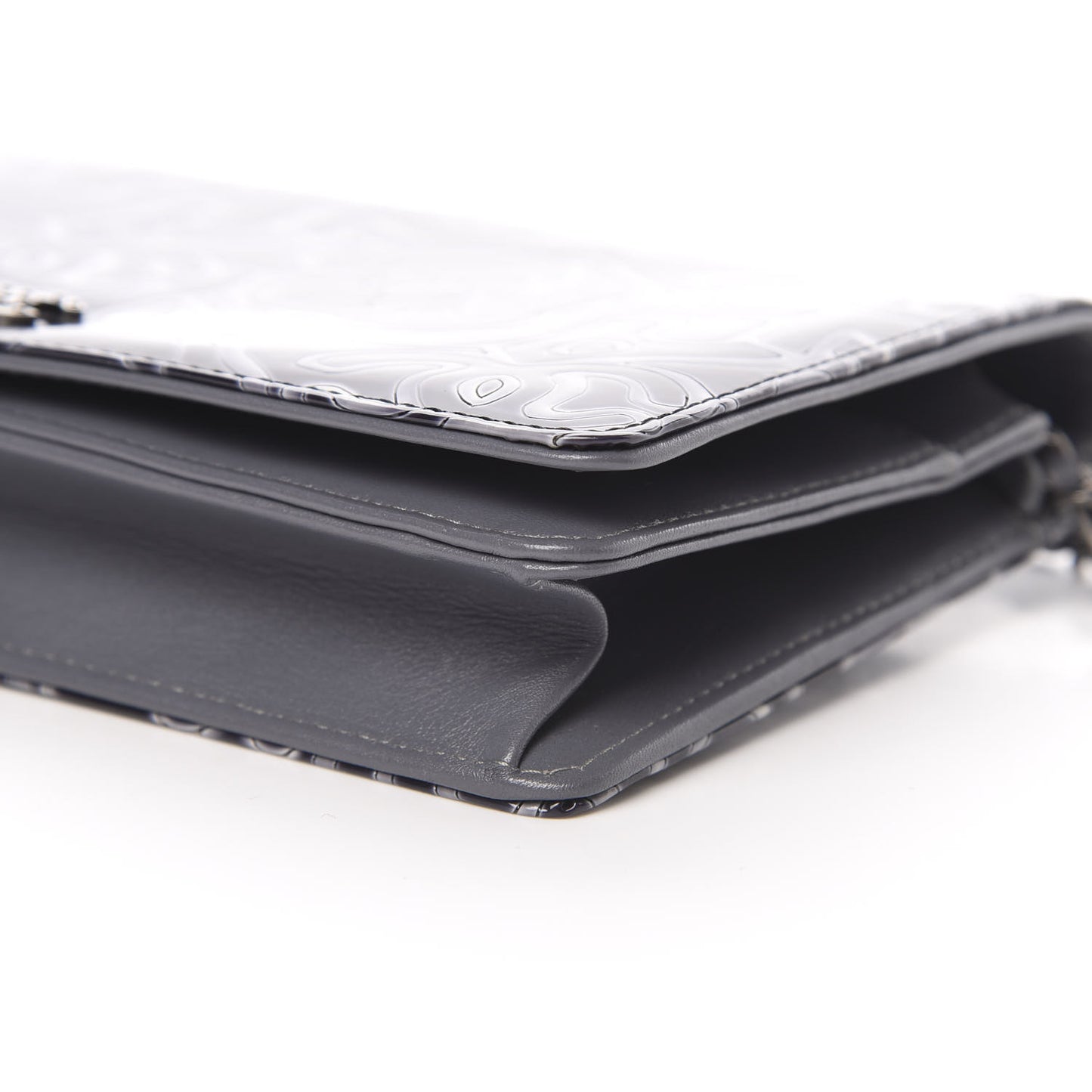 Patent Camellia Embossed Wallet on Chain WOC Dark Blue