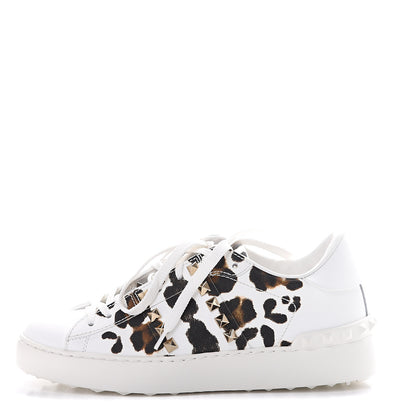 Valentino Garavani Calfskin Leopard Print Rockstud Untitled Open Sneakers 35 White 1 of 8