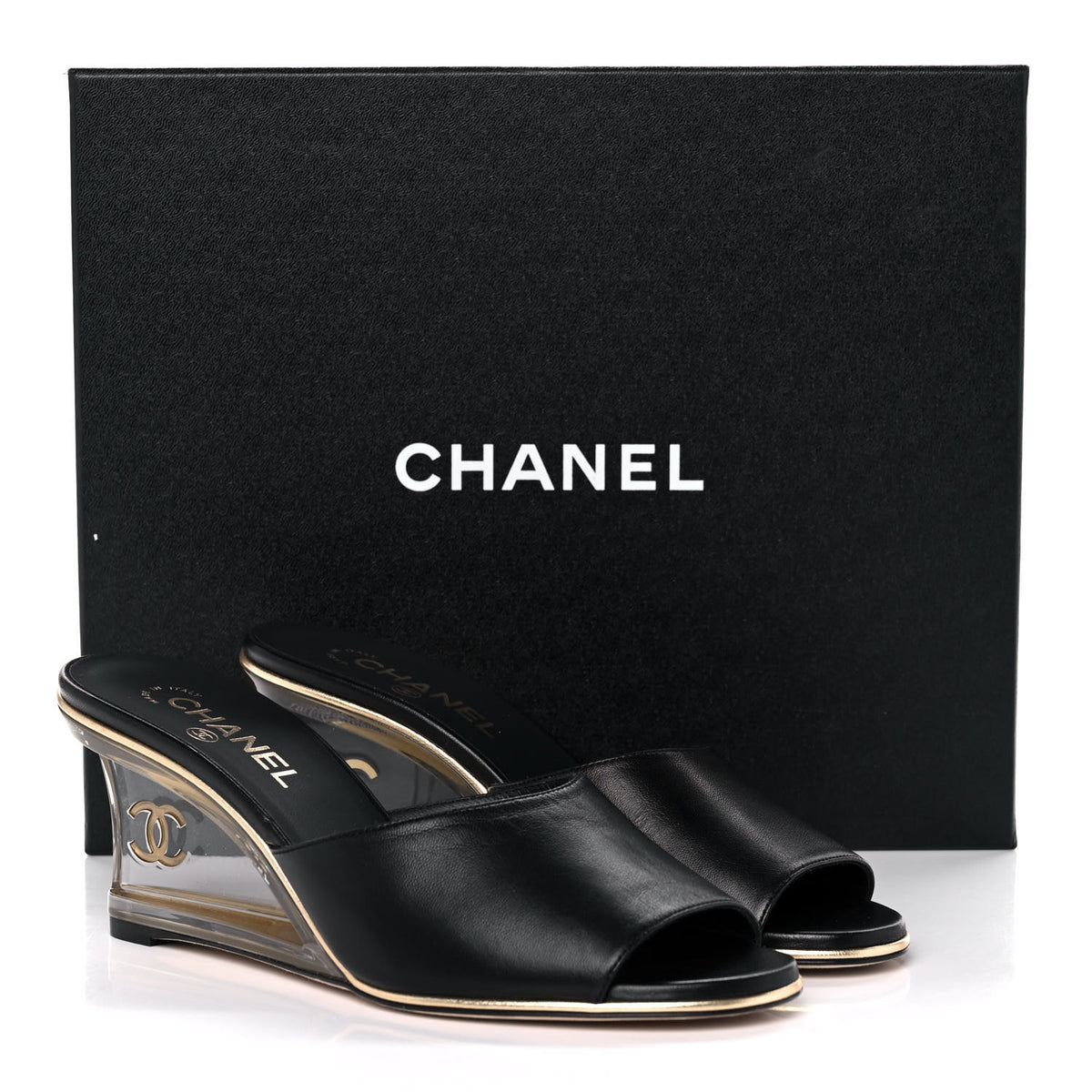 Lambskin Lucite CC Wedge Mules 39.5 Black