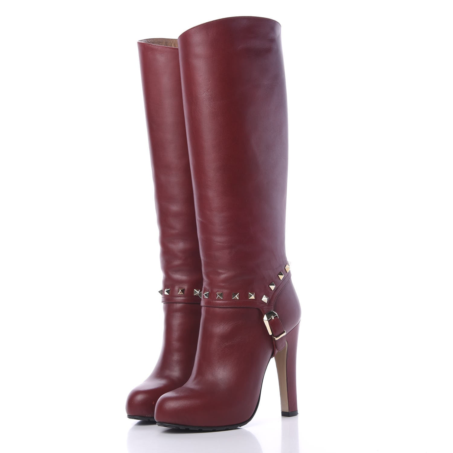 Valentino Garavani Calfskin Rockstud Tall Boots 37 Dark Red 3 of 8