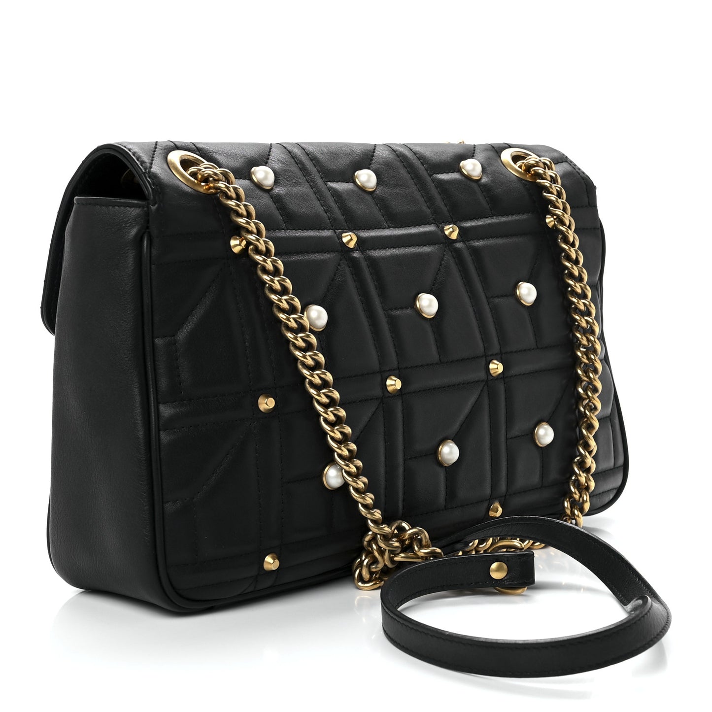 Calfskin Matelasse Studded Medium Pearly GG Marmont Shoulder Bag Black