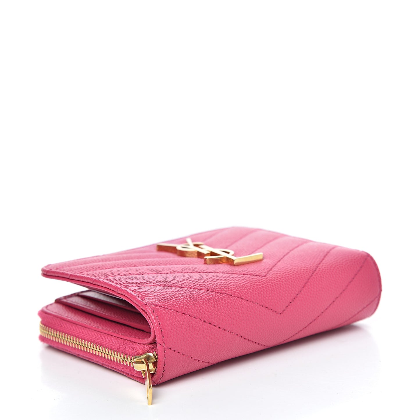 Grain De Poudre Matelasse Chevron Monogram Compact Zip Around Wallet Fuchsia
