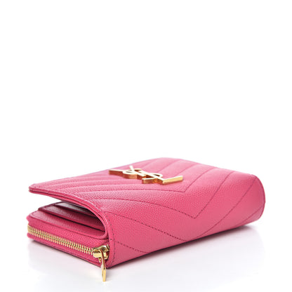 Saint Laurent Grain De Poudre Matelasse Chevron Monogram Compact Zip Around Wallet Fuchsia 4 of 9