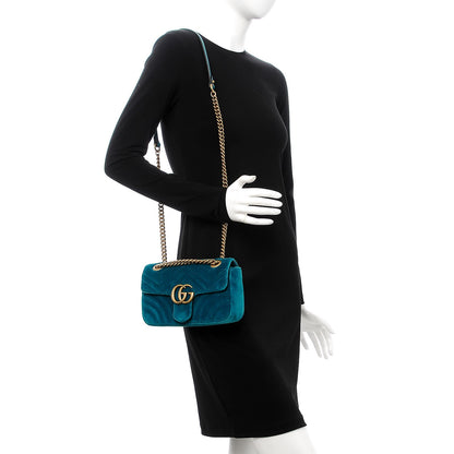 Gucci Velvet Matelasse Mini GG Marmont Shoulder Bag Pavone Cyan 2 of 9