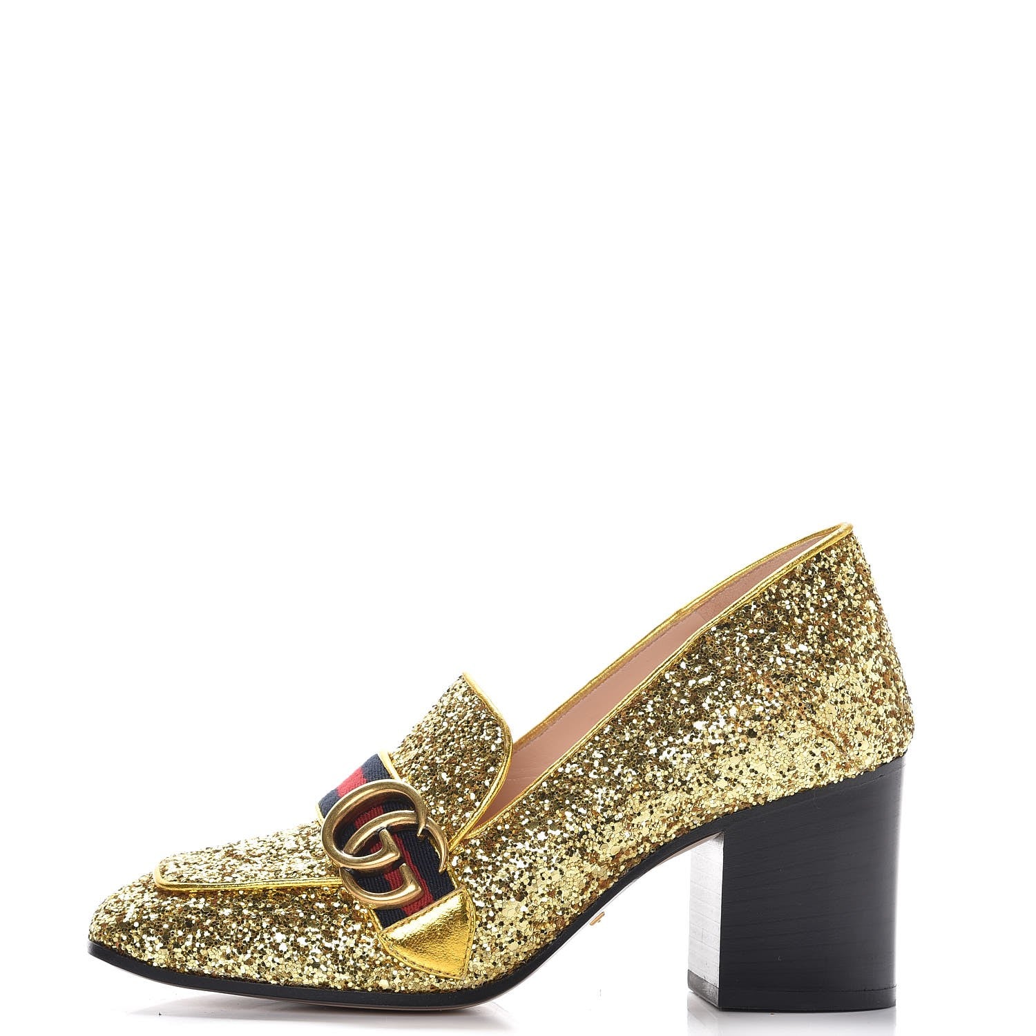 Gucci Glitter Nappa Web Peyton 75mm Loafer Pumps 36.5 Oro Vecchio 1 of 8