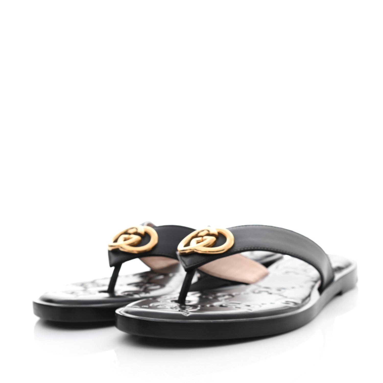 Gucci Lifford Calfskin GG Monogram Embossed Interlocking G 5mm Thong Sandals 38.5 Black 3 of 7